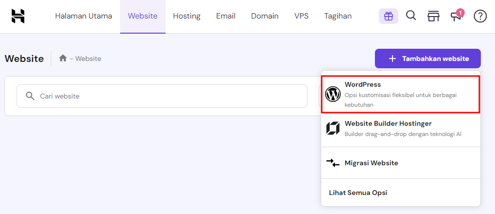 memilih wordpress untuk menambahkan website di hpanel