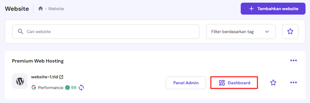 memilih tombol dashboard di samping website di hpanel