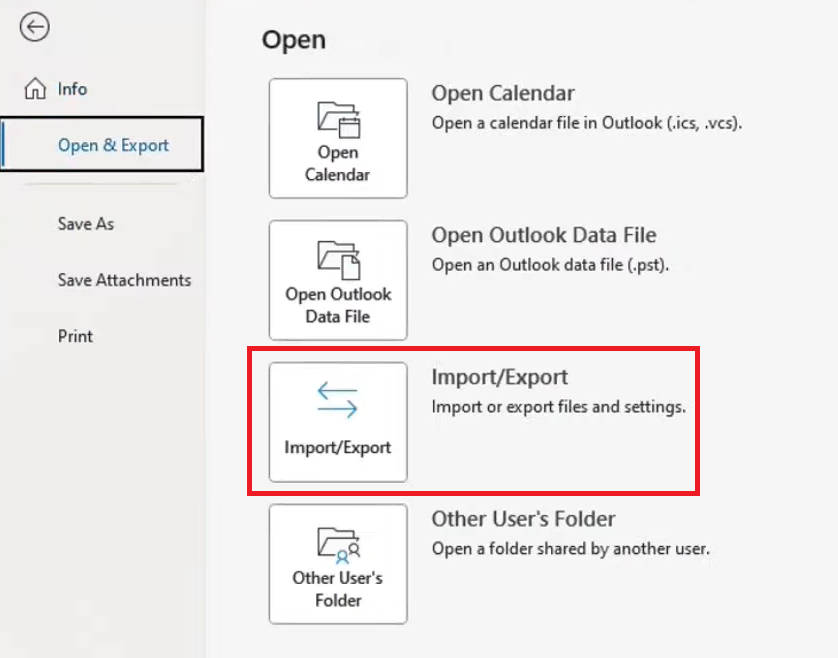 menu open & export di outlook dengan  import/export yang dipilih