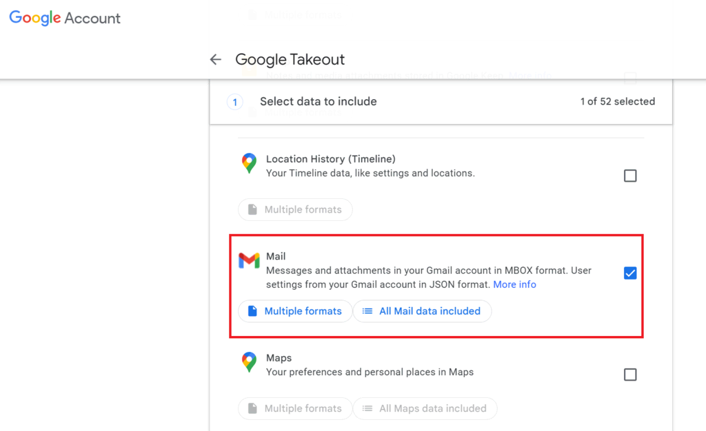 tampilan google takeout dengan menu mail yang dipilih untuk backup gmail