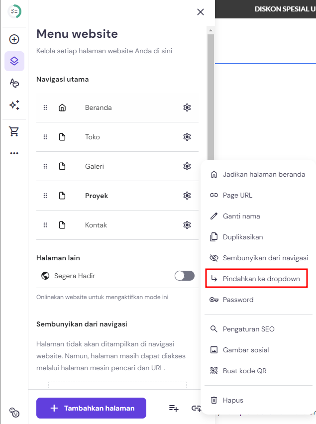 tampilan bagian pengaturan drop-down di website builder hostinger