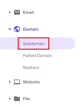 menu subdomain di sidebar kiri hpanel