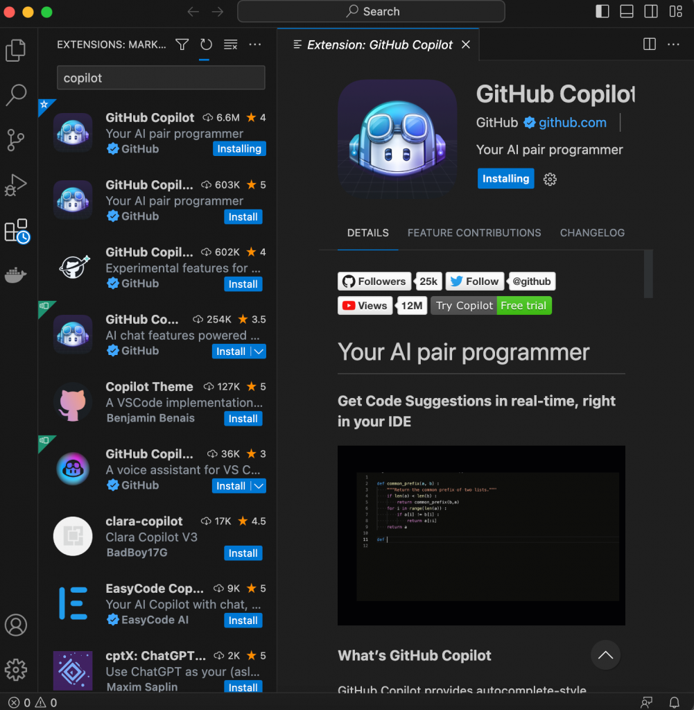 tampilan visual studio code yang menunjukkan proses menunggu penginstalan copilot selesai