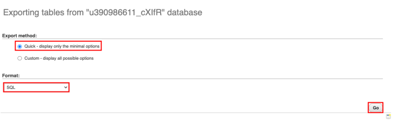 memilih metode dan format export file di phpmyadmin