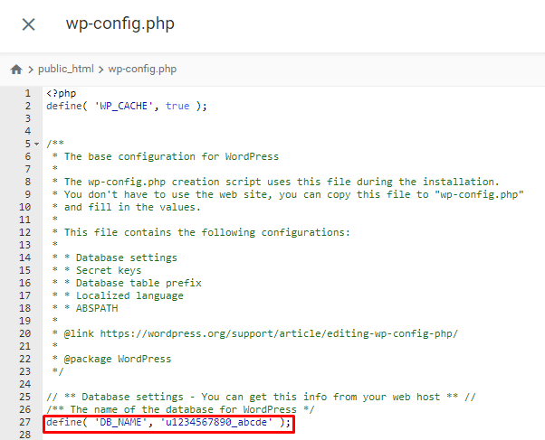 File wp-config.php di File Manager hPanel, menyoroti bagian nama database