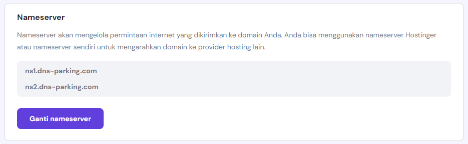 tampilan hpanel menunjukkan informasi nameserver hostinger