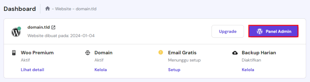 tampilan bagian dashboard di hpanel dengan tombol panel admin yang dipilih