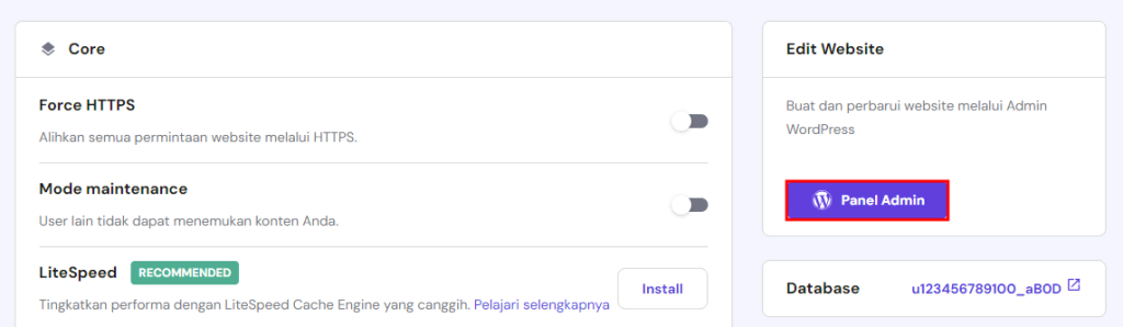 Bagian Ringkasan website di hpanel dengan tombol Panel Admin yang dipilih