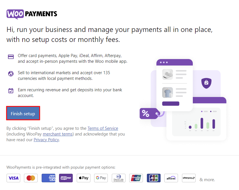 dashboard pembayaran WooCommerce menyoroti tombol finish setup