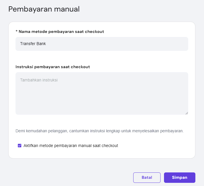 bagian pembayaran manual di pengelola toko hostinger website builder