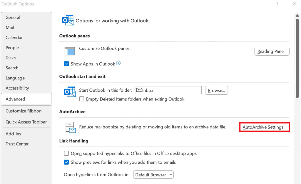 tampilan menu advanced di outlook dengan ikon autoarchive settings yang dipilih