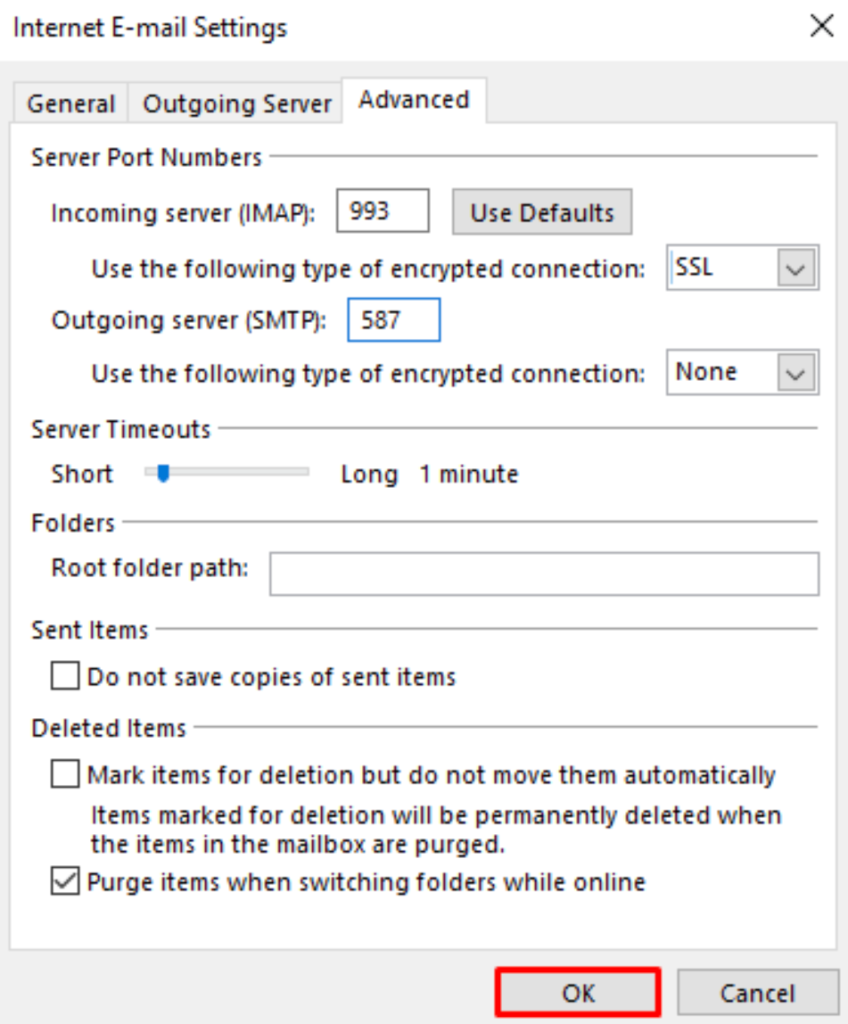 tampilan tab advanced pada pengaturan email internet di outlook 2016 dengan tombol ok yang dipilih