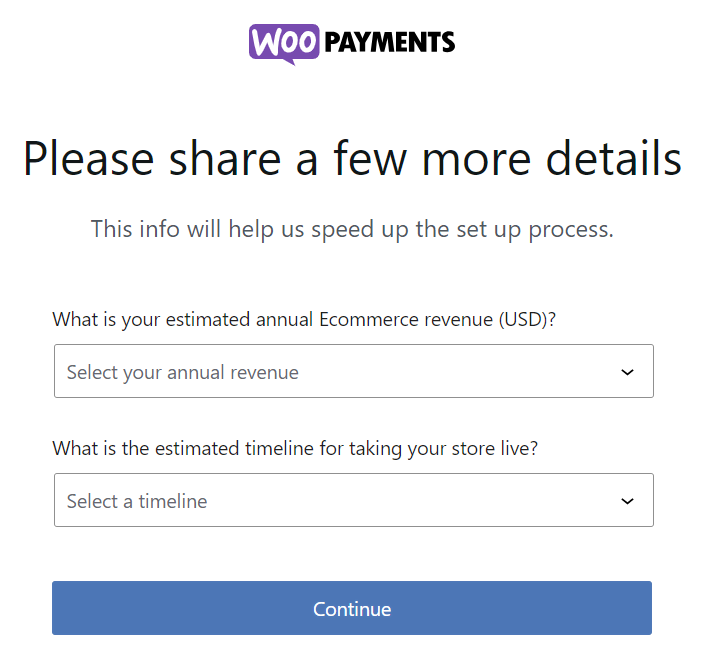 Formulir pendaftaran WooPayments untuk memperkirakan pendapatan tahunan dan jadwal rilis