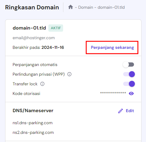 memilih perpanjang sekarang di halaman ringkasan domain di hpanel