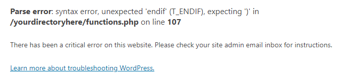 Pesan "There Has Been a Critical Error on Your Website" setelah debug WordPress diaktifkan.