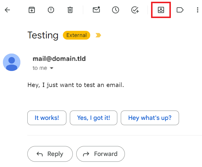 tampilan email di kotak masuk gmail dengan tombol move to inbox yang dipilih