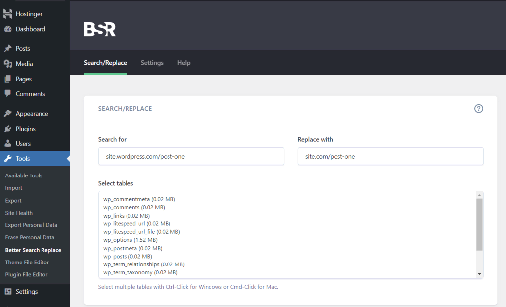 Tampilan plugin Better Search Replace di dashboard WordPress