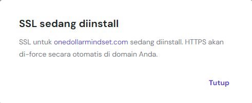 pop-up di hpanel yang memberitahukan bahwa ssl sedang diinstal