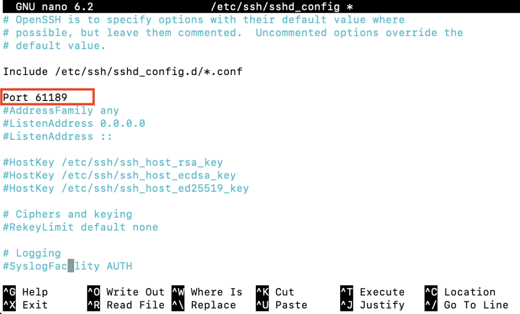 tampilan nano text editor yang menunjukkan proses mengedit sshd_config dengan nomor port yang disorot