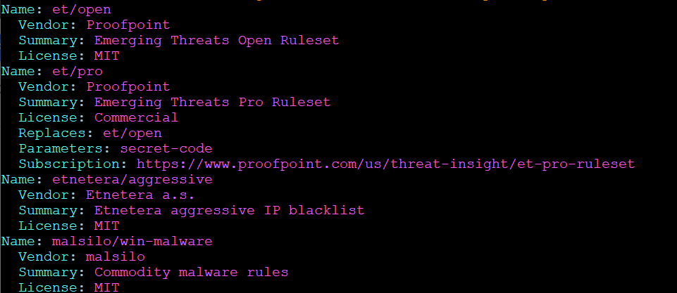 tampilan terminal yang menunjukkan provider ruleset eksternal untuk suricata