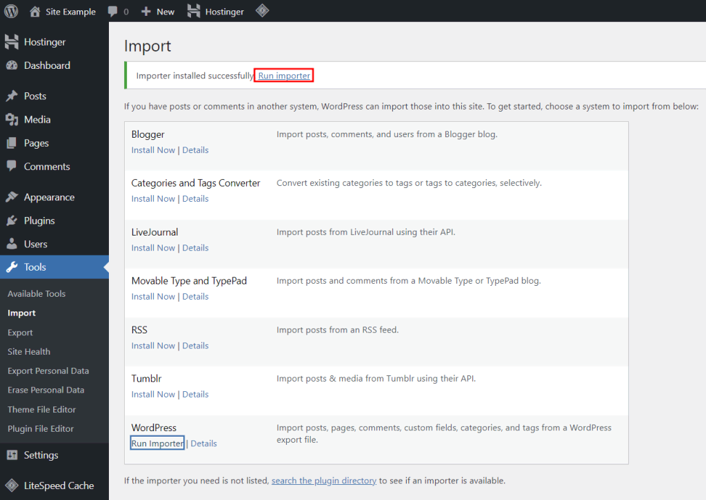 Bagian Import di panel admin WordPress dengan opsi untuk menjalankan pengimpor WordPress yang dipilih