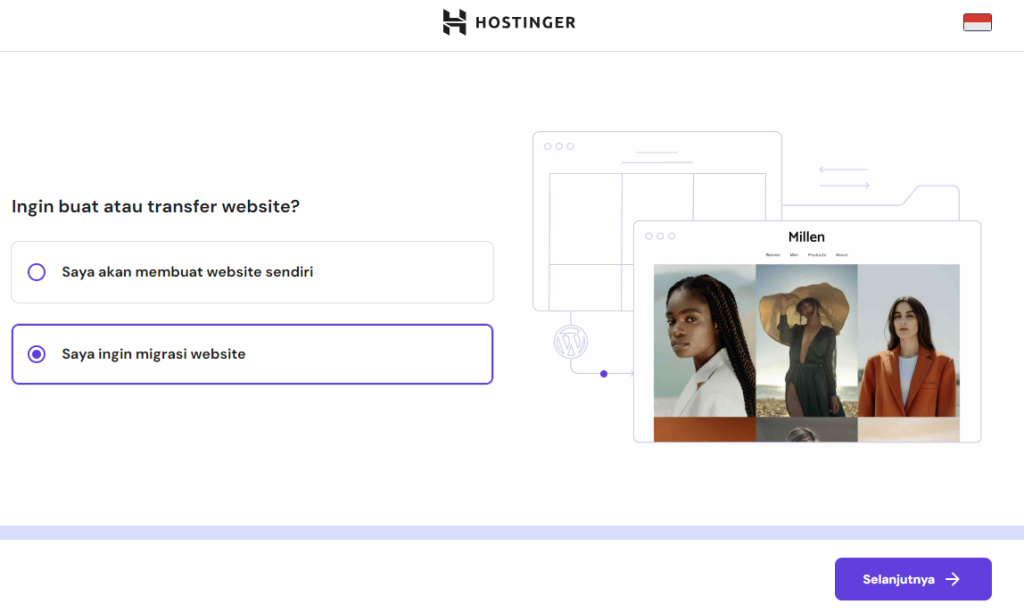 Proses onboarding di hPanel Hostinger yang menunjukkan opsi untuk membuat atau migrasi website