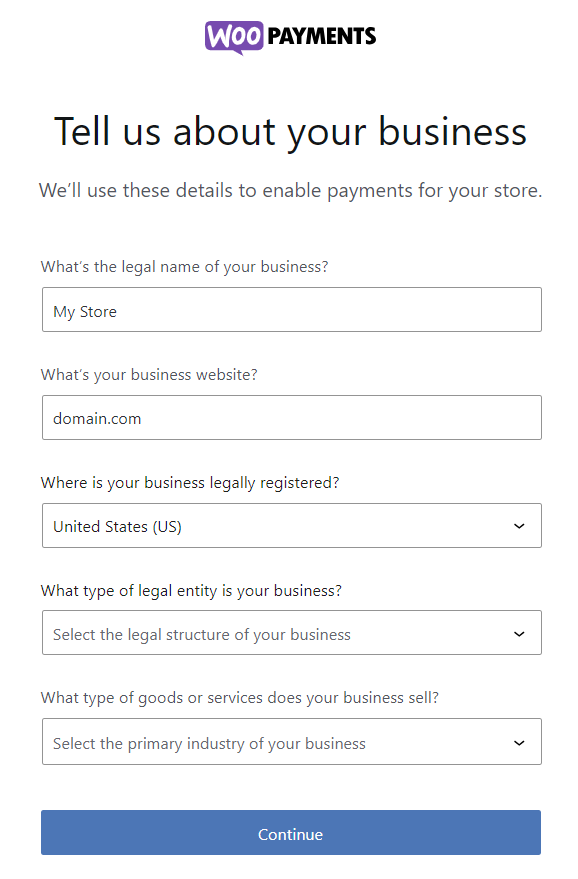 Formulir pendaftaran WooPayments untuk memasukkan informasi toko