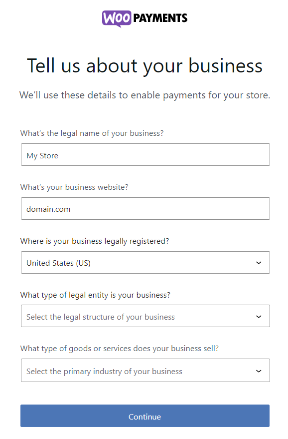 Formulir pendaftaran WooPayments untuk memasukkan informasi toko