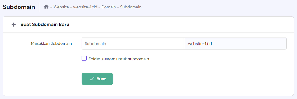 menu untuk membuat subdomain baru di hpanel