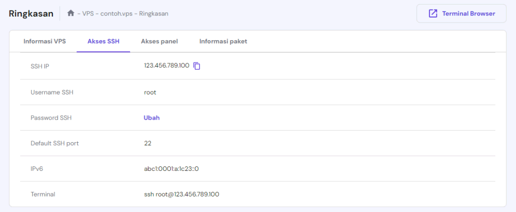 tampilan bagian tab akses ssh di hpanel