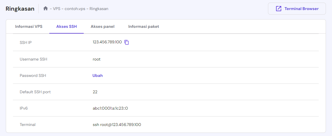 tab akses ssh di hpanel untuk menemukan informasi ssh