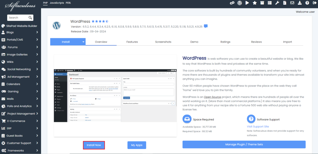 Tampilan Softaculous yang menunjukkan WordPress dengan tombol Install Now yang dipilih