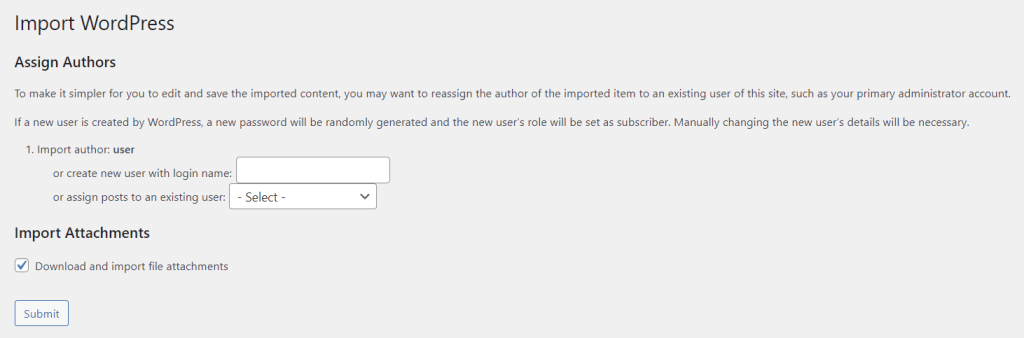 Bagian Impor pada panel admin WordPress yang menunjukkan opsi untuk menetapkan penulis dan mengimpor lampiran