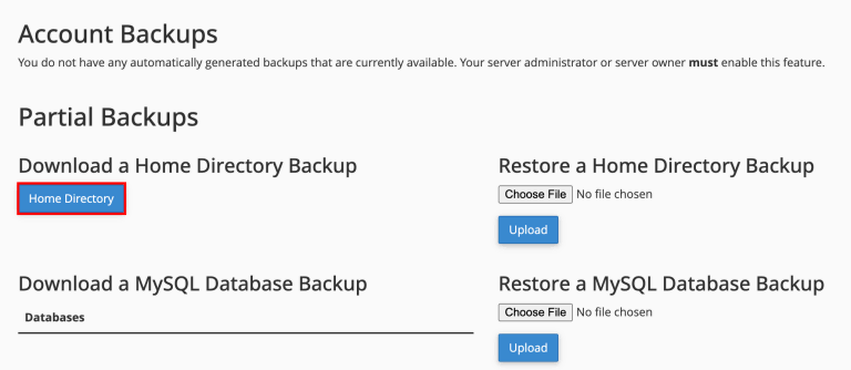 memilih home directory untuk partial backup di cpanel