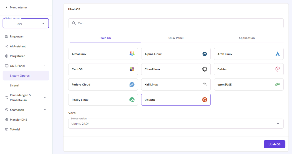 tampilan menu sistem operasi di hpanel dengan versi terbaru ubuntu yang dipilih