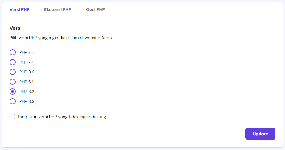 tampilan bagian versi php di hpanel