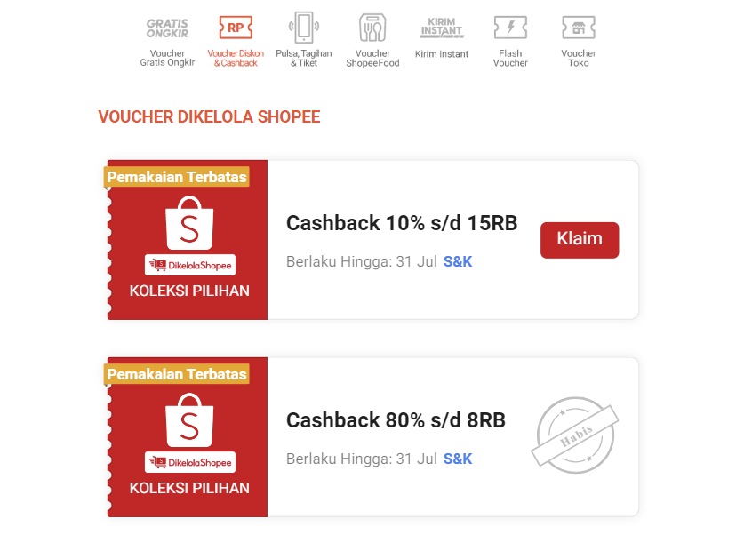 tampilan voucher cashback dari shopee