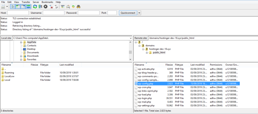 tampilan ftp client filezilla dengan folder wp-config yang disorot di panel sebelah kanan