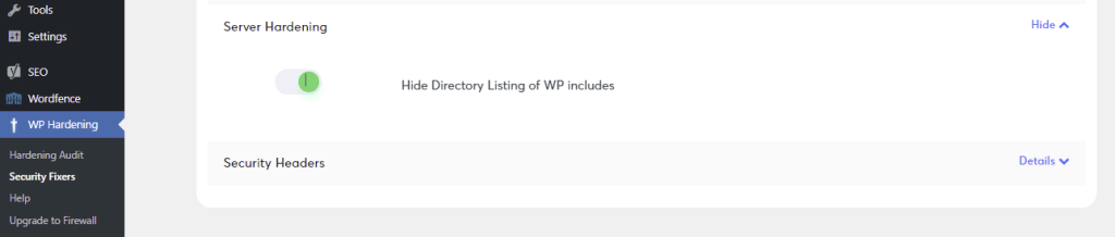 Tampilan fitur plugin WP hardening untuk menyembunyikan struktur folder di wordpress