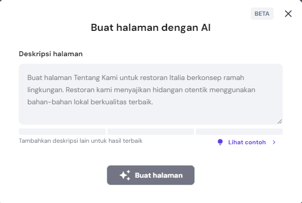 tampilan tool ai page generator hostinger website builder