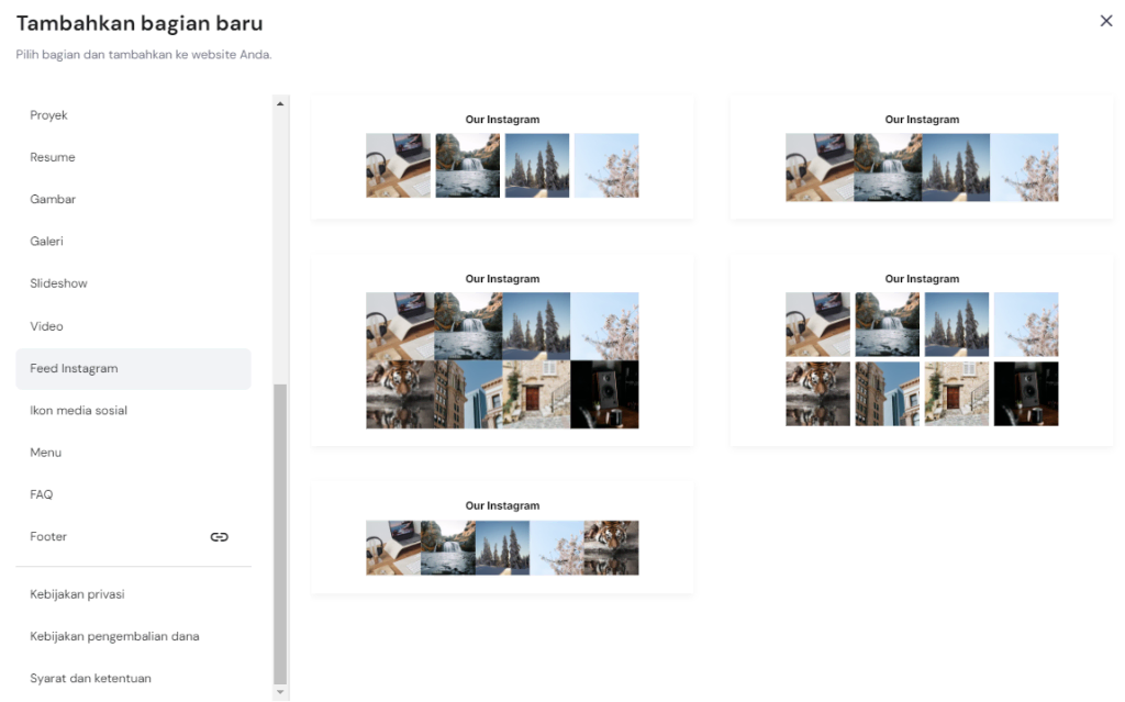 tampilan bagian feed instagram di hostinger website builder