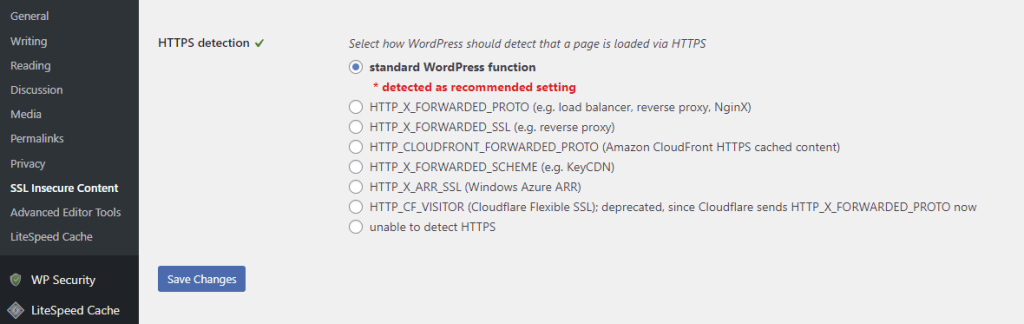 tampilan bagian https detection di plugin ssl insecure content fixer