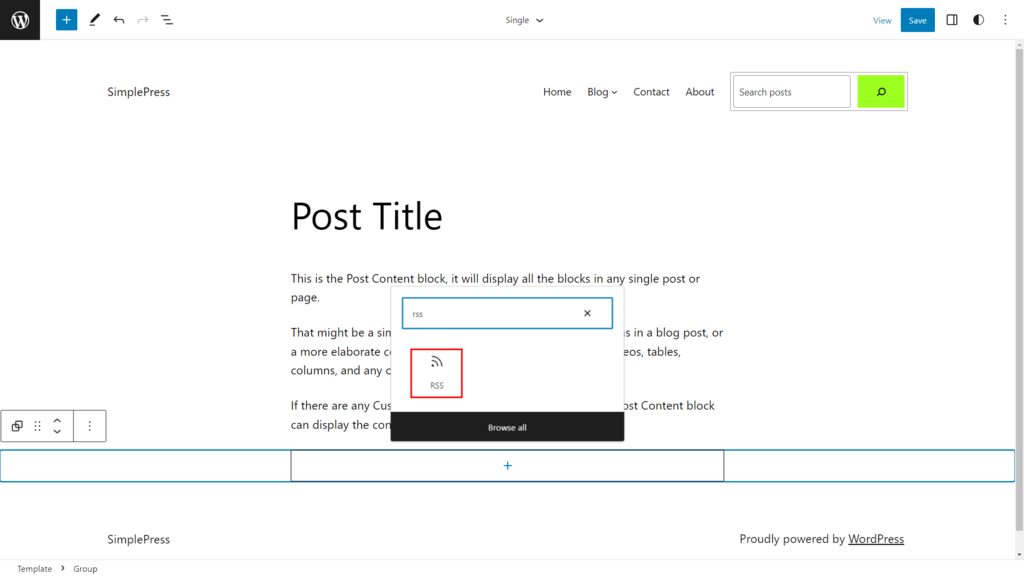 tampilan site editor wordpress dengan blok rss yang dipilih