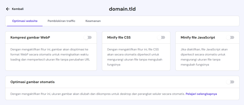 tampilan menu cdn lainnya di hpanel untuk kompresi gambar dan minify kode