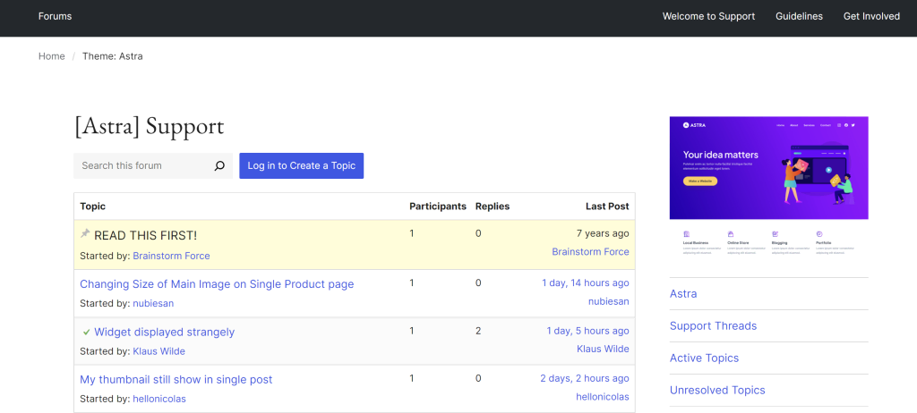 tampilan halaman forum dukungan plugin astra