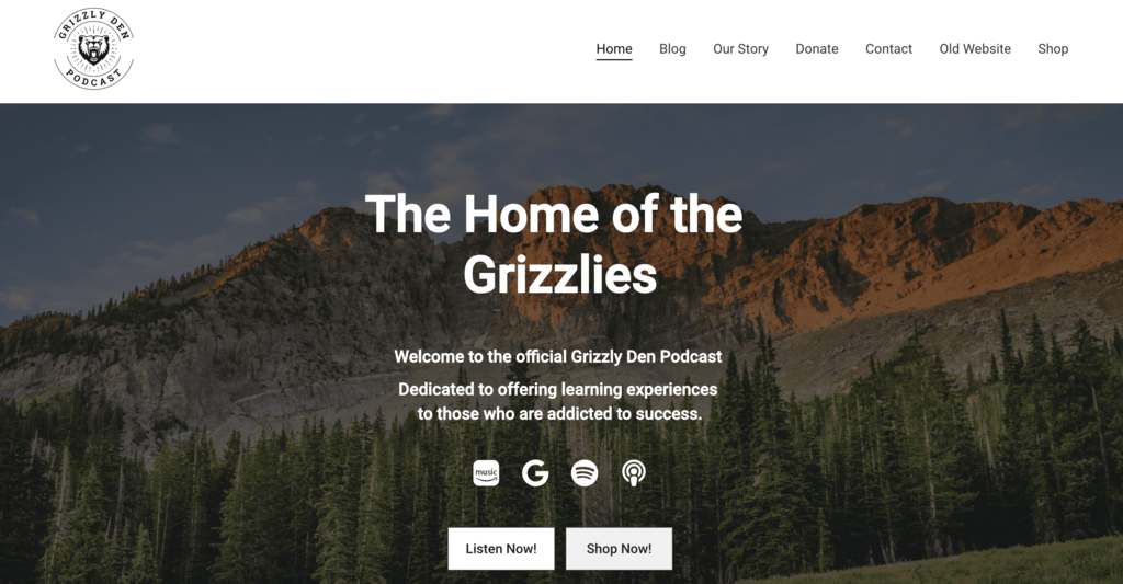 tampilan homepage website grizzly den podcast