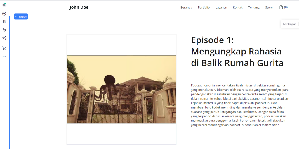 tampilan contoh halaman podcast di website builder hostinger