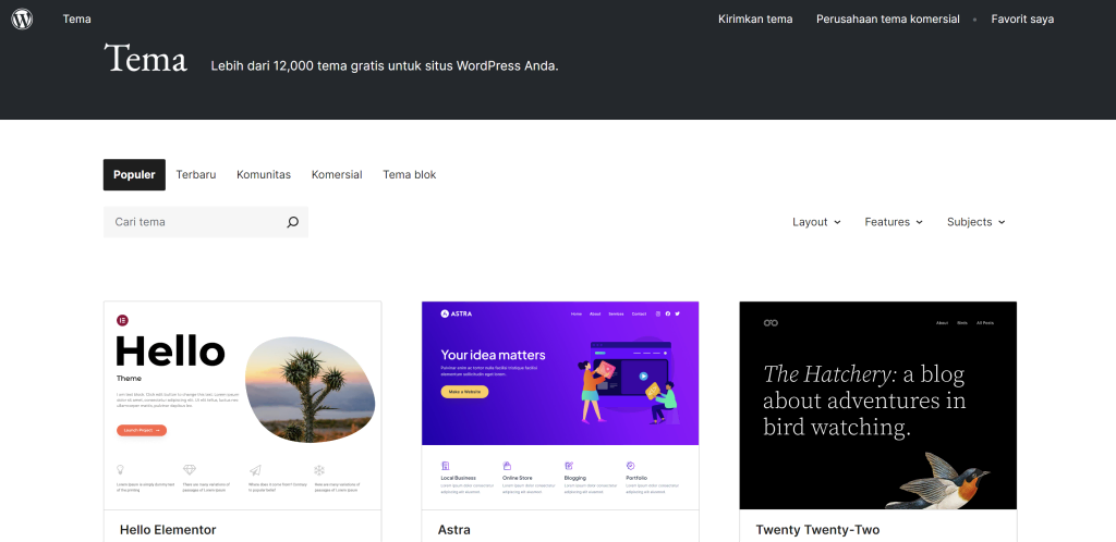 tampilan halaman tema di website wordpress.org