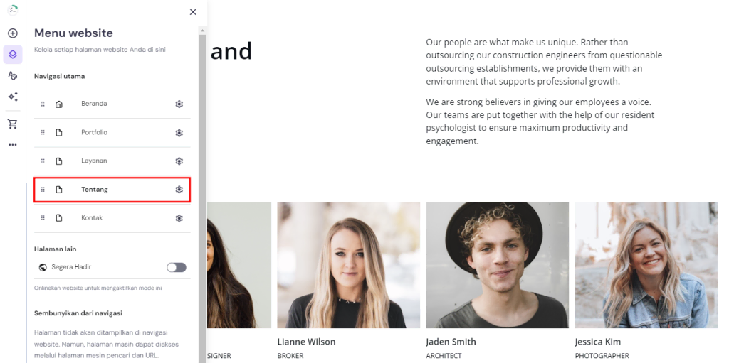 tampilan editor halaman di website builder hostinger untuk menambahkan halaman tentang