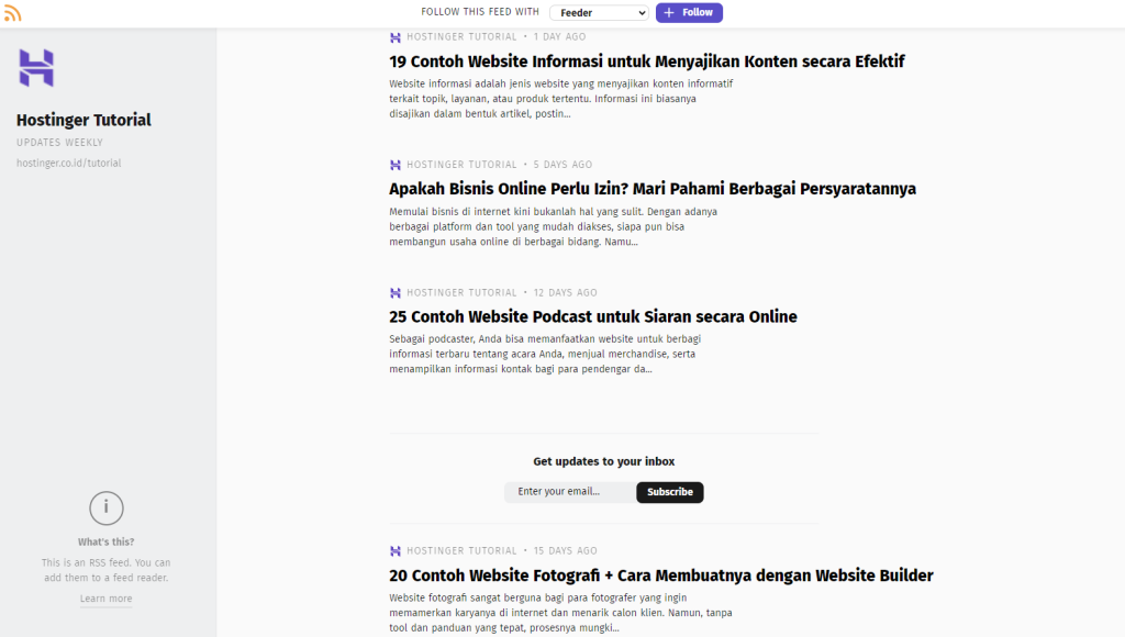 tampilan hasil rss feed tutorial hostinger menggunakan rss reader